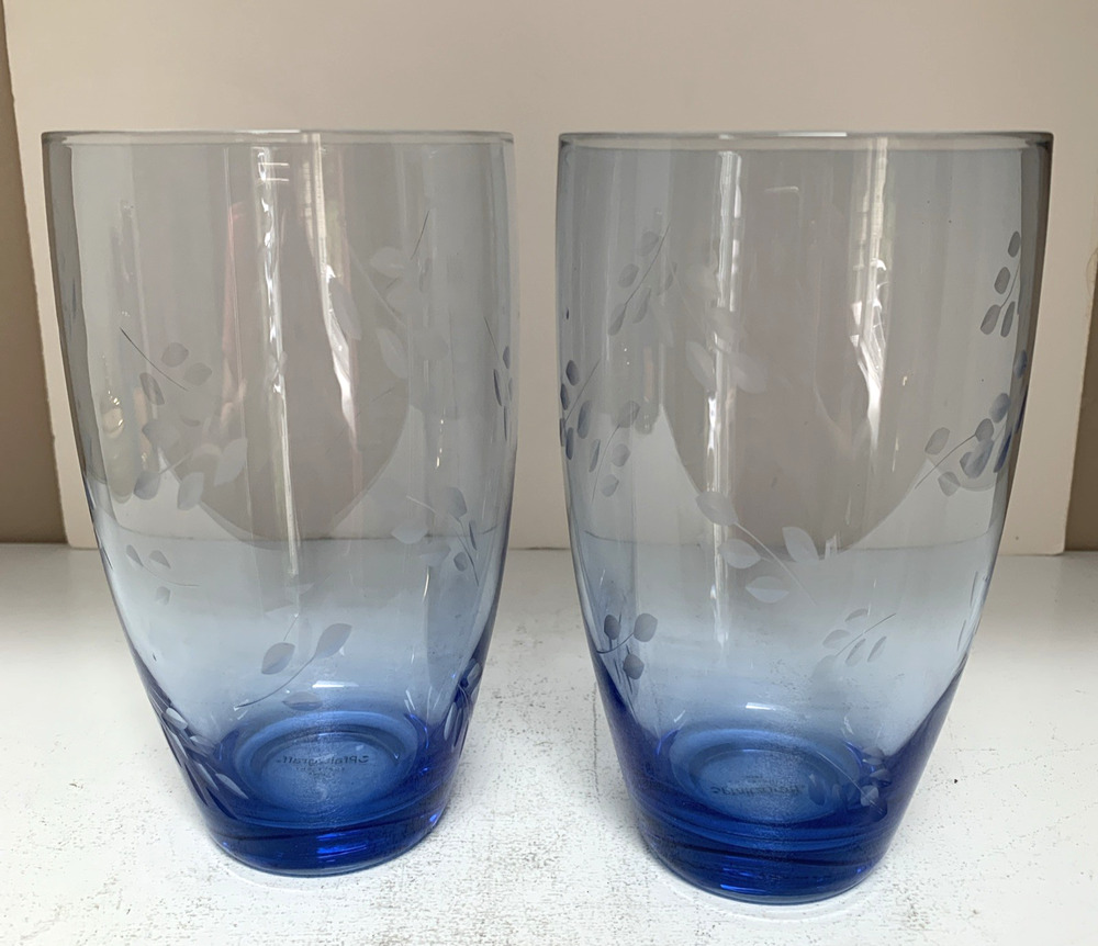 2 Vintage Pfaltzgraff Blue Summer Breeze Etched 24oz Glass Tumblers